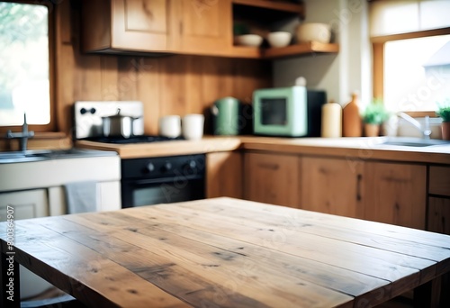 empty clean table in front of kitchen, modern interior design	