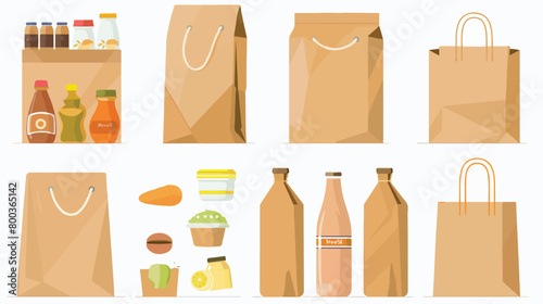 Paper bag with different products on white background