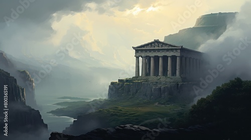 a digital painting of an ancient greek temple in a fog