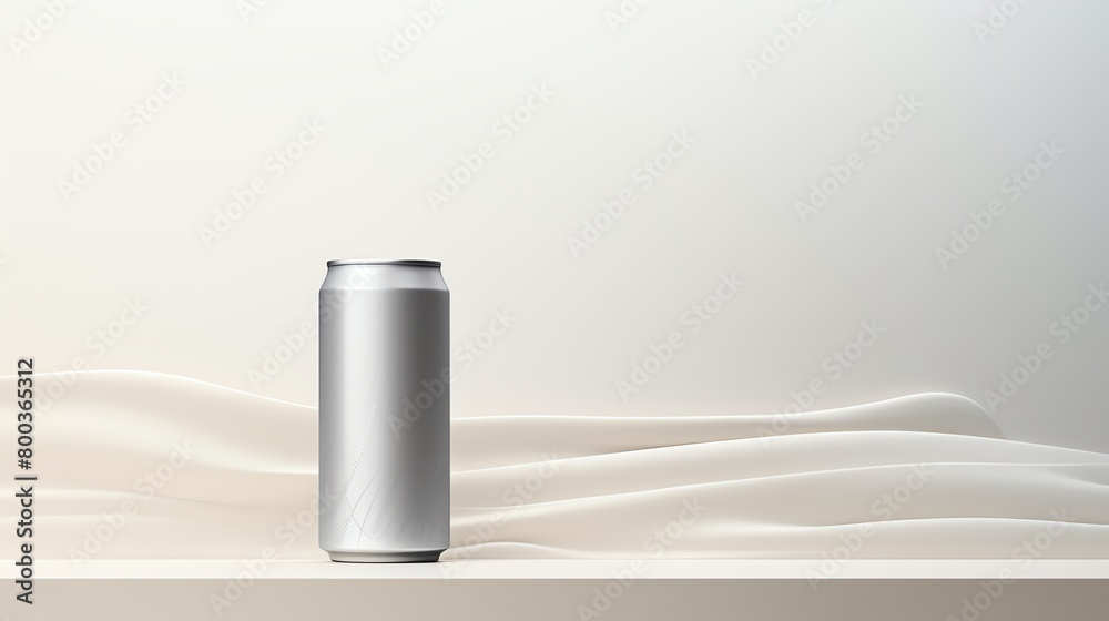Create a photorealistic image of a single silver aluminum can on a solid white table with a soft, off-white background Create a photorealistic image of a single silver aluminum can on a solid white table with a soft, off-white background