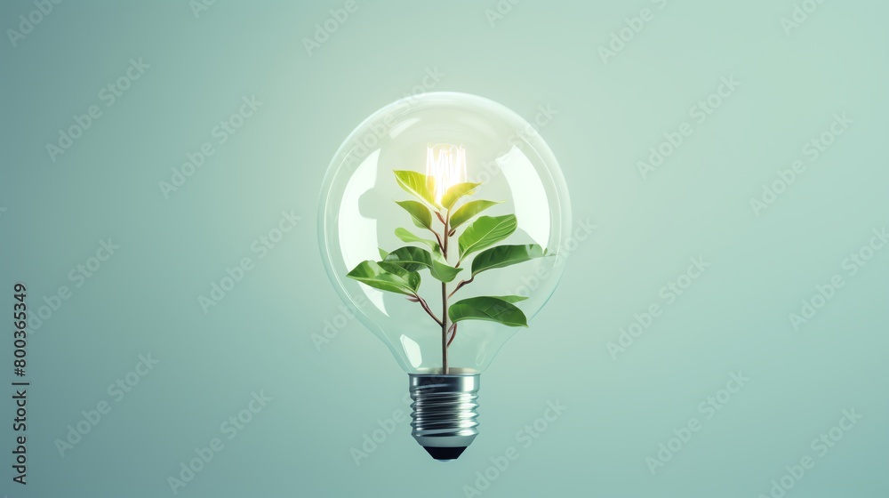 A light bulb with a plant growing inside it. The plant is green and healthy, and the light bulb is glowing brightly. The image is set against a pale blue background. A light bulb with a plant growing inside it. The plant is green and healthy, and the light bulb is glowing brightly. The image is set against a pale blue background.