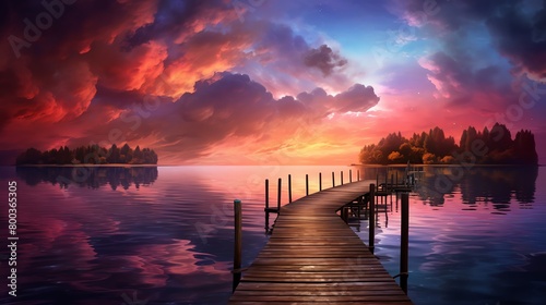 A wooden dock juts out into a lake. The sky is ablaze with color, and the water reflects the vibrant hues. The scene is one of peace and tranquility. photo
