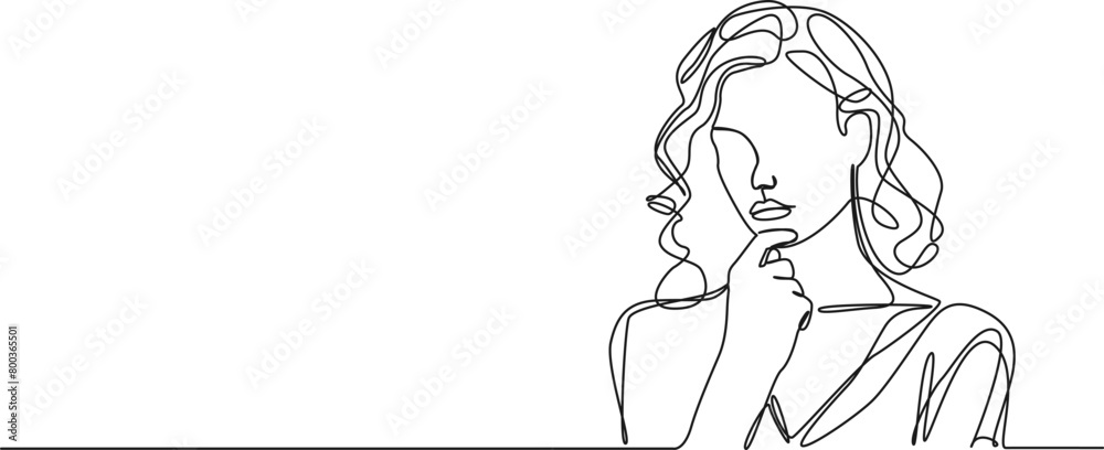 continuous single line drawing of woman in skeptical post, hand on chin, line art vector illustration continuous single line drawing of woman in skeptical post, hand on chin, line art vector illustration