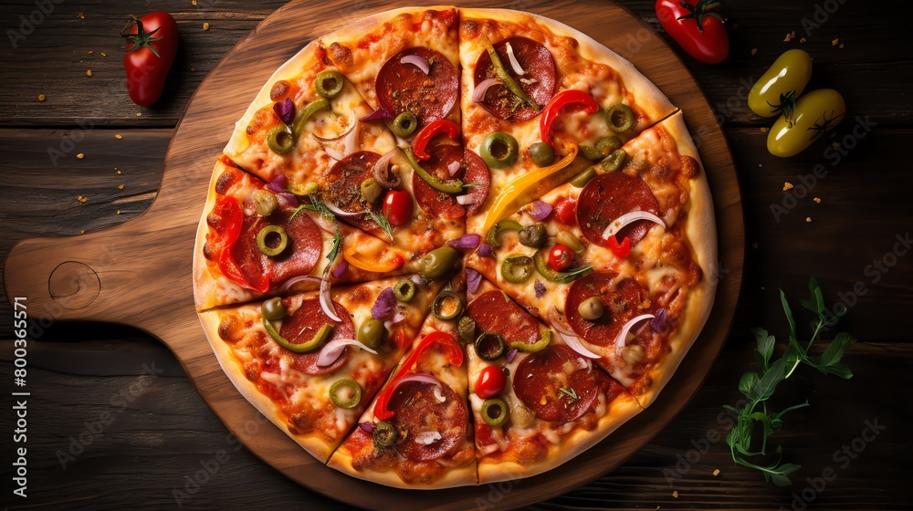 A delicious, mouthwatering pizza with pepperoni, olives, peppers, and onions. The perfect dinner for any occasion!