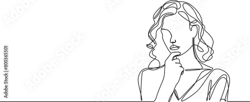 continuous single line drawing of woman in skeptical post, hand on chin, line art vector illustration photo