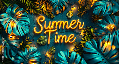 Summer time text with tropical leaf leaves in bright colorful neon party style background.