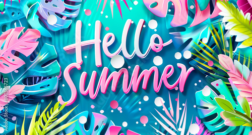 Hello Summer text with tropical leaf leaves in bright colorful pastel style background.cheerful and celebrate concepts ideas