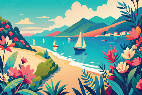 A colorful painting of a beach with a sailboat in the water