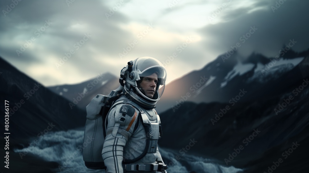 Astronaut exploring an exoplanet. Sci-fi colonist in spacesuit walks on the surface of another planet. People in space. Galactic travel and science concept.