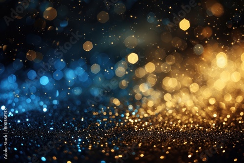 abstract glitter lights. gold, blue and black blur on black background