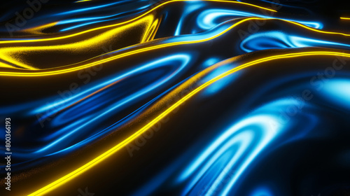 Abstract blue and yellow neon curves on a black background. Light effects blue and yellow lines.