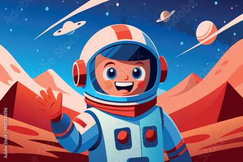A cartoon astronaut is waving to the camera in a red and orange background