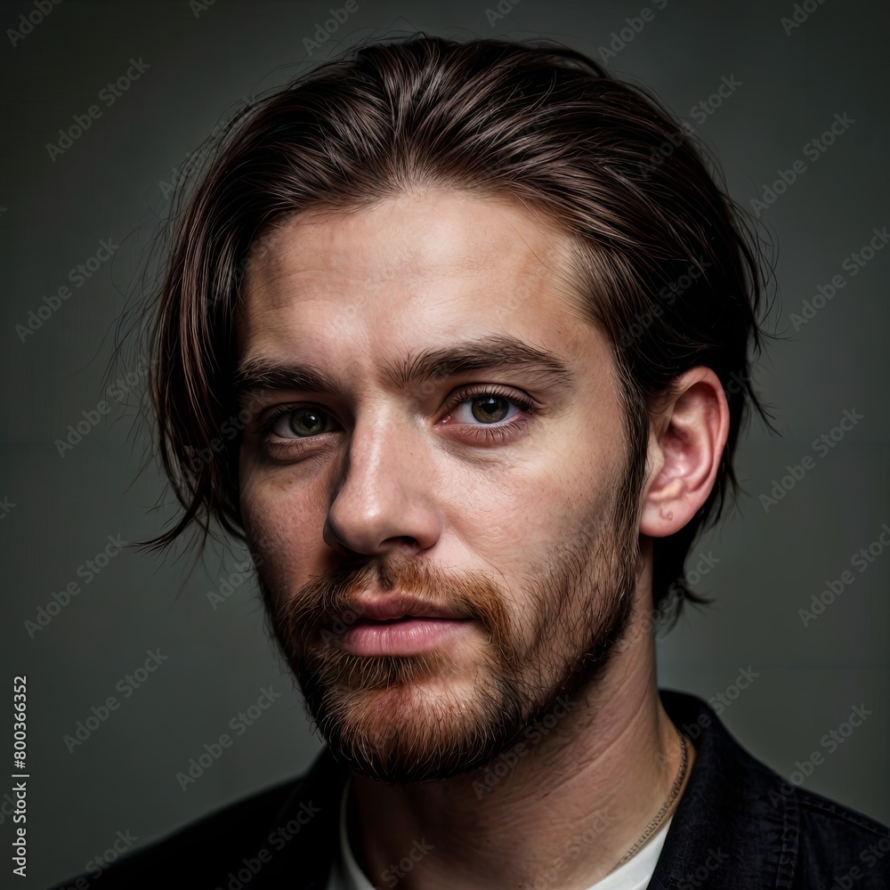 Obraz premium Man with black hair and beard, no expression, staring at camera in dark room