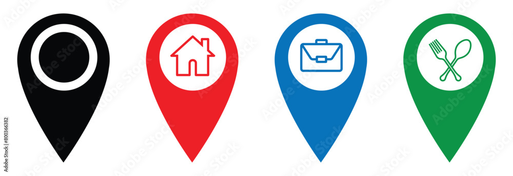 set of map pin icons. location marker collection. point map with home, work, restaurant address icon. gps vector symbol on transparent background. set of map pin icons. location marker collection. point map with home, work, restaurant address icon. gps vector symbol on transparent background.