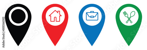 set of map pin icons. location marker collection. point map with home, work, restaurant address icon. gps vector symbol on transparent background.