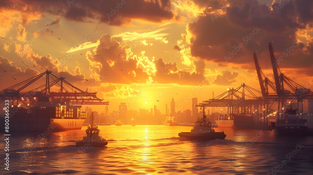 Golden Hour at a Bustling Global Trade Port Industrial Ships and Cranes Silhouetted Against the Setting Sun Generative ai