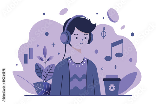 A man wearing headphones is sitting in front of a plant