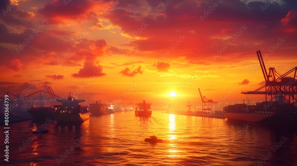 Global Trade Hub at Sunset Industrial Shipping Port in Vibrant Hues Generative ai