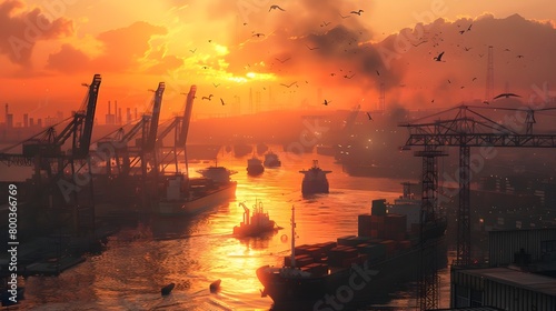 Global Trade Hub in Vibrant Sunset An Industrial Shipping Port in Full Swing Generative ai
