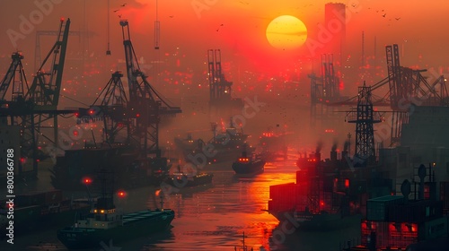 Industrial Port in Glowing Twilight A Dynamic Tableau of Cargo Ships and Cranes Generative ai