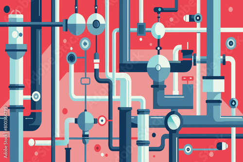 A blue and white drawing of pipes and valves