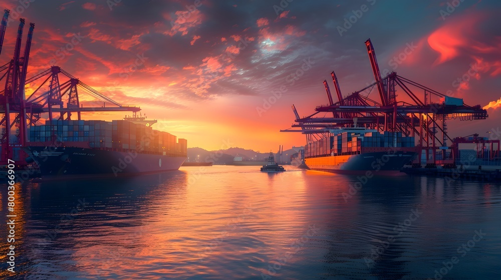 Global Trade Hub in Vibrant Sunset Activity Shipping Ports Dynamic Terminal Generative ai