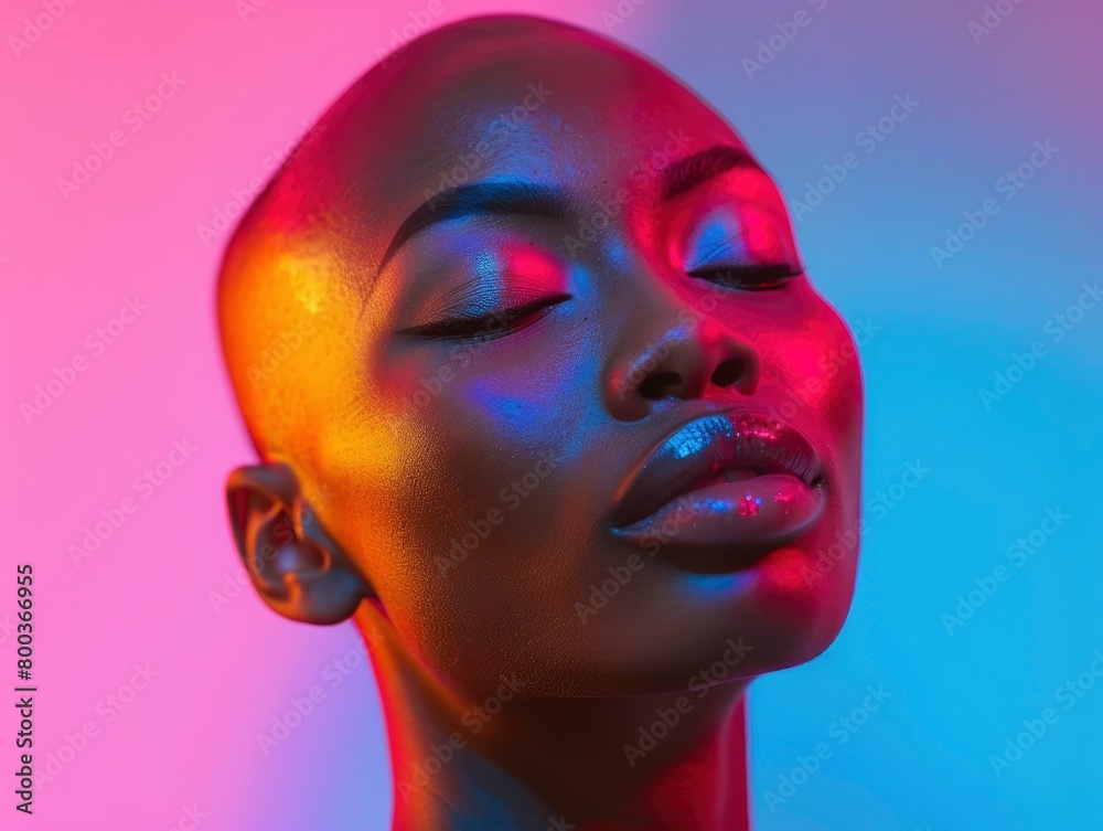 A bald black woman with closed eyes is illuminated by neon light against the background of a gradient color.