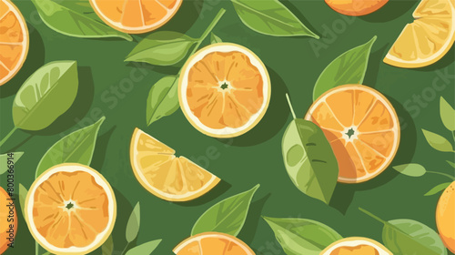 Pieces of fresh oranges with green leaves on green