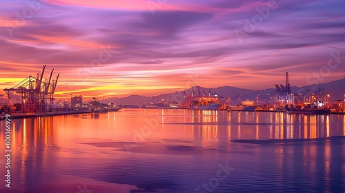 Global Trade Hub in Full Swing Vibrant Sunset Panorama of Industrial Shipping Port Generative ai photo