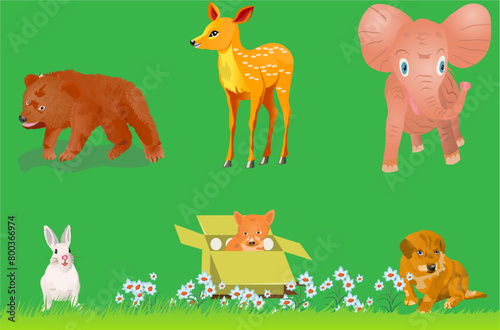 Set of animal cubs: Bear, Fawn, Elephant, Rabbit, Fox, Dog. Vector illustration isolated on green background.