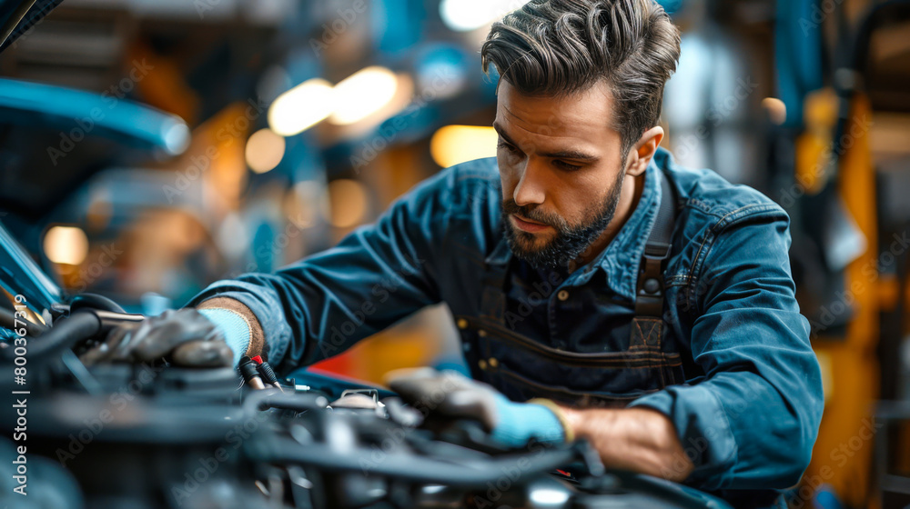 Portrait of a mechanic working on a car in an auto repair shop. A worker is rebuilding an engine over an open hood. Concept of work, automotive industry. Portrait of a mechanic working on a car in an auto repair shop. A worker is rebuilding an engine over an open hood. Concept of work, automotive industry.