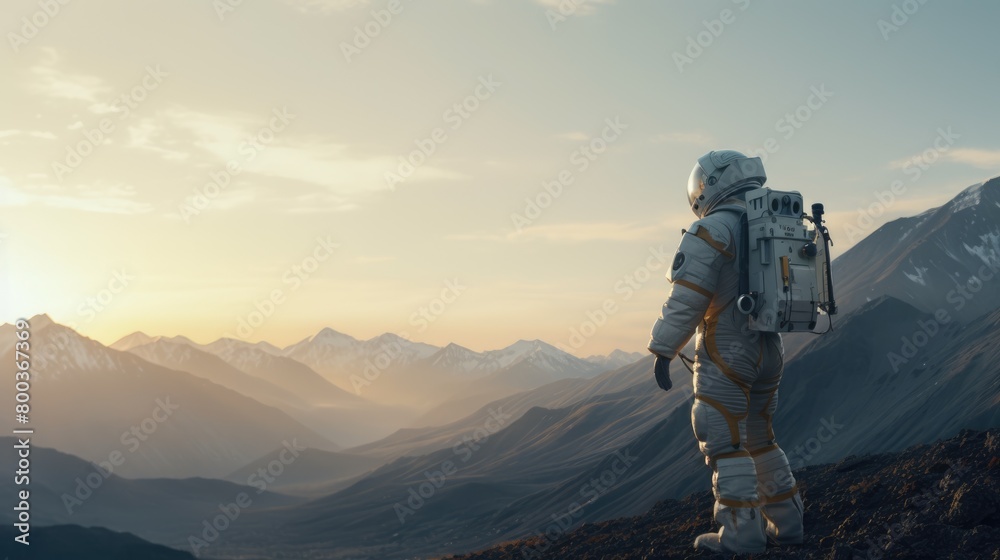 Astronaut exploring an exoplanet. Sci-fi colonist in spacesuit walks on the surface of another planet. People in space. The concept of galactic travel and science. Astronaut exploring an exoplanet. Sci-fi colonist in spacesuit walks on the surface of another planet. People in space. The concept of galactic travel and science.
