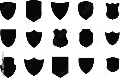 Shields set. Collection of security shield icons with contours and linear signs. Design elements for concept of safety and protection. eps10