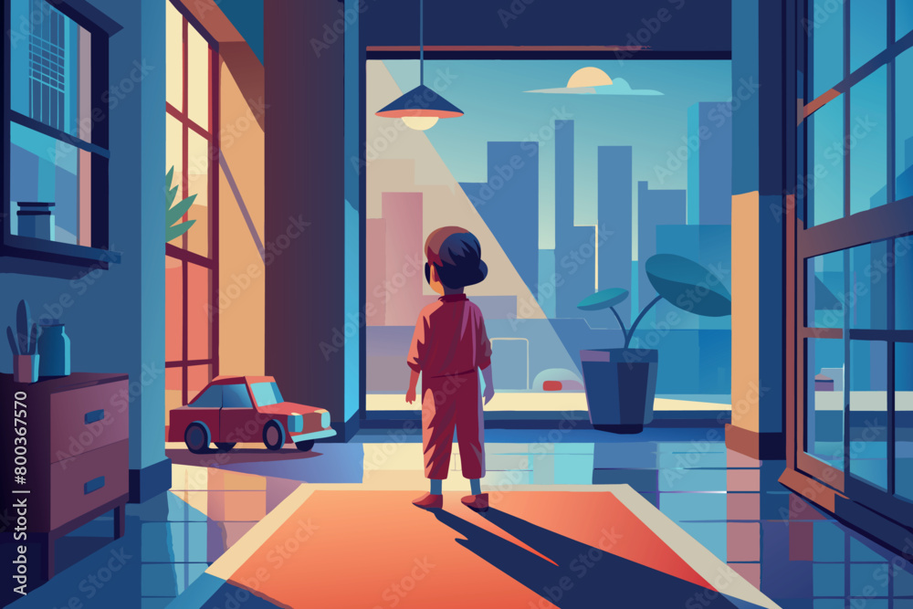 A child is standing in a room with a car and a potted plant A child is standing in a room with a car and a potted plant
