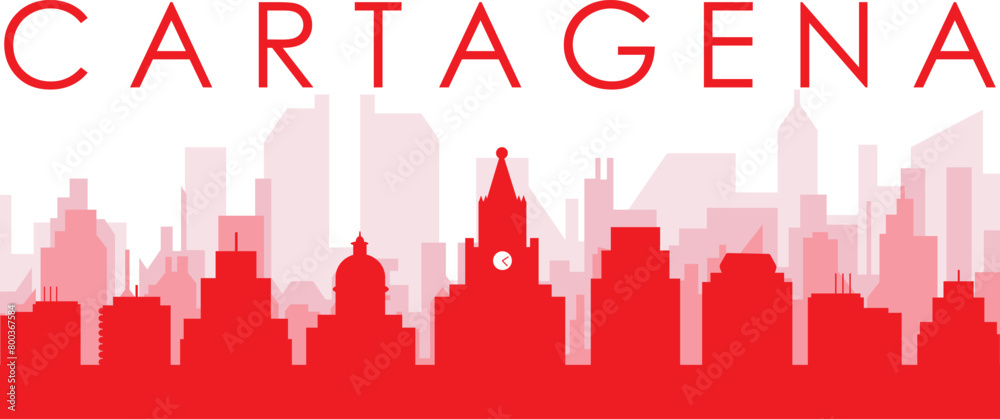 Red panoramic city skyline poster with reddish misty transparent background buildings of CARTAGENA, COLOMBIA