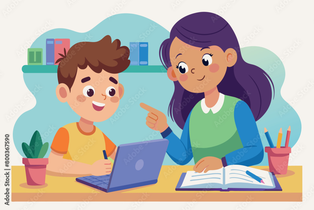 A woman is helping a young boy with his homework A woman is helping a young boy with his homework
