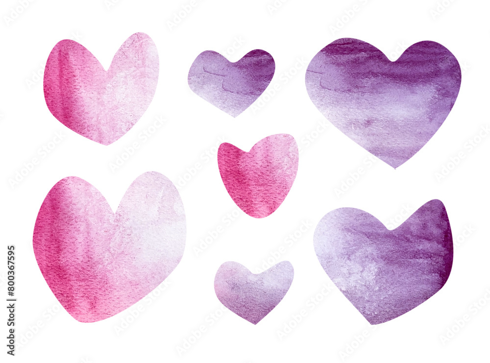 Set of imperfect pink and purple watercolor hearts