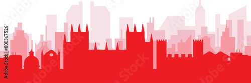 Red panoramic city skyline poster with reddish misty transparent background buildings of CANTERBURY, UNITED KINGDOM