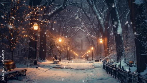 Snowing in Central Park at night, seamless loop