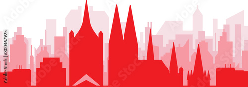 Red panoramic city skyline poster with reddish misty transparent background buildings of COLOGNE  GERMANY