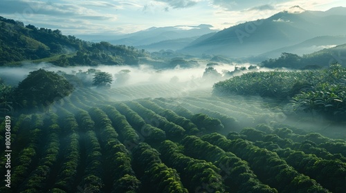 Landscape of a coffee farm early in the morning with mist covering the fields. photo
