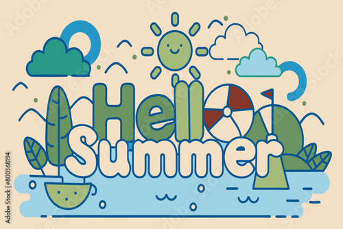 A colorful illustration of a sunny day with a boat and a beach scene