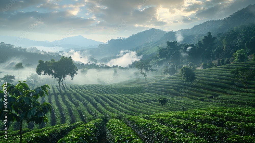Landscape of a coffee farm early in the morning with mist covering the fields.