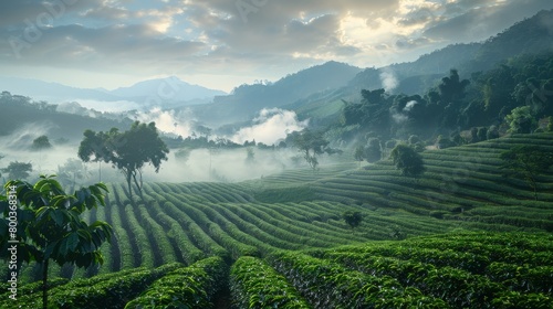 Landscape of a coffee farm early in the morning with mist covering the fields. © G.Go