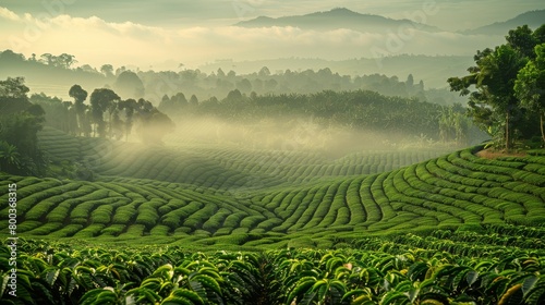 Landscape of a coffee farm early in the morning with mist covering the fields.