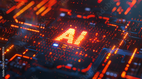 3D rendering of glowing "AI" icon on futuristic circuit board