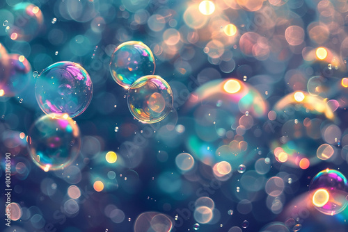 Iridescent bubbles floating in a tranquil abyss, reflecting fragmented visions of reality.