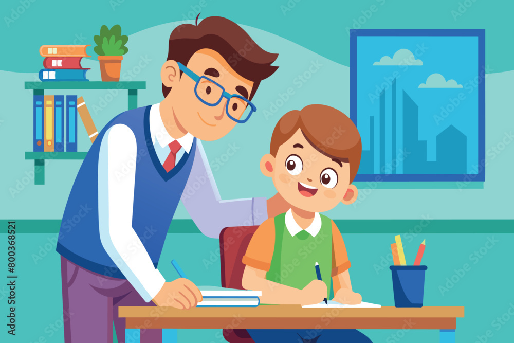 A man is helping a boy with his homework A man is helping a boy with his homework