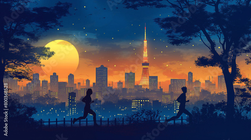 health,work out,exercise,jogging ,beautiful park in Tokyo city landscape with Tokyo tower in night time, Two people are running