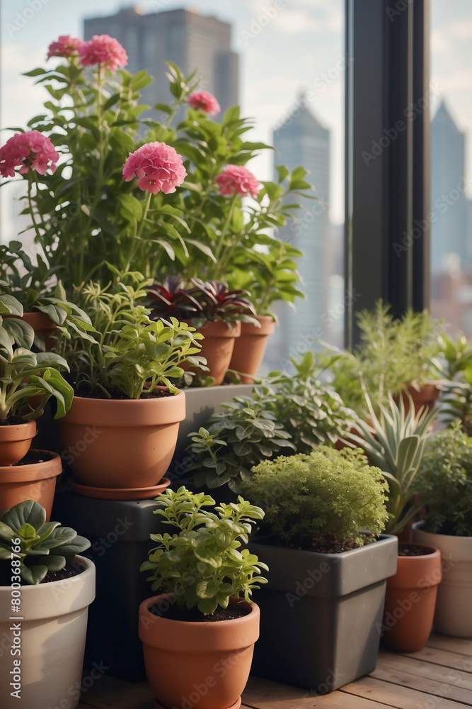 Vielfältige Pflanzen und blühende Blumen auf einer sonnigen Stadtbalkonterrasse mit urbaner Skyline im Hintergrund Vielfältige Pflanzen und blühende Blumen auf einer sonnigen Stadtbalkonterrasse mit urbaner Skyline im Hintergrund
